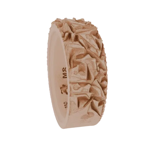 3D model of a rose gold ring with a complex, faceted geometric pattern covering its exterior surface.