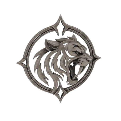 3D model of a metallic saber-toothed cat emblem with open mouth and bared fangs, set within a circular frame with diamond acc