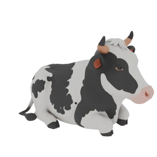 A 3D render of a cartoon black and white cow lying down, with a black background.