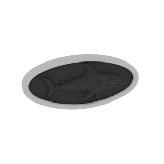 3D render of an embossed shark emblem with a dark background and a silver-toned oval frame, presented on a white background.