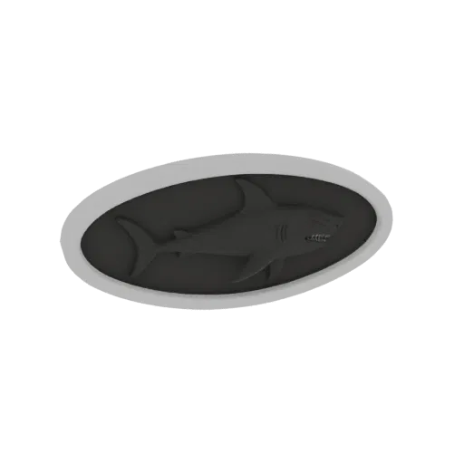 Render 3D di un emblema di squalo goffrato con sfondo scuro e cornice ovale color argento, presentato su sfondo bianco.