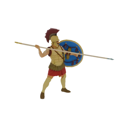 Modello 3D di un guerrierooplita Greco antico con armatura, scudo e lancia, in posa pronta per la battaglia.