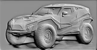 3D model of a futuristic SUV bas-relief, side view, with large wheels and aggressive design