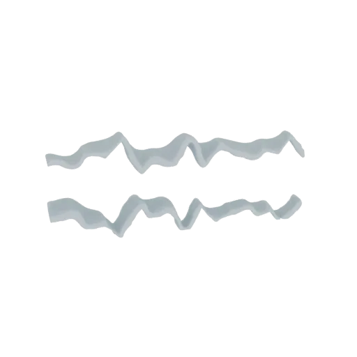 3D model of two abstract, light blue-grey wavy ribbons flowing horizontally against a white background.