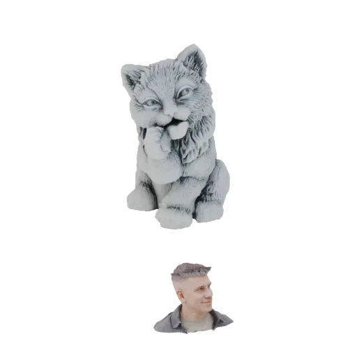 3D model render of a cute, grey kitten statue sitting with its paw near its mouth, looking curiously to the side.