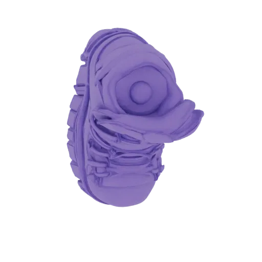 A 3D render of an abstract organic sculpture with flowing, layered forms in a matte purple finish, set against a white backgr