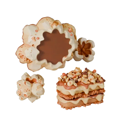 Modelo 3D estilizado de Pipoca, renderização isométrica estilizada, mostrando silhueta de comida doce e cremosa.