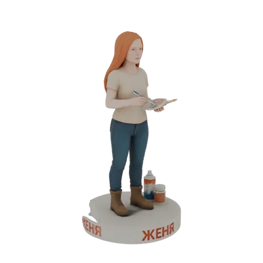 3D model of a female artist with red hair, holding a paint palette and brush, standing on a base with paint bottles and the n