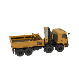 3D model of a yellow crane truck with a raised boom and flatbed, viewed from a three-quarter angle.