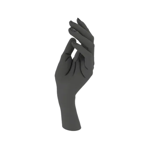A 3D render of a gray, elegant hand with fingers gracefully posed, set against a black background.