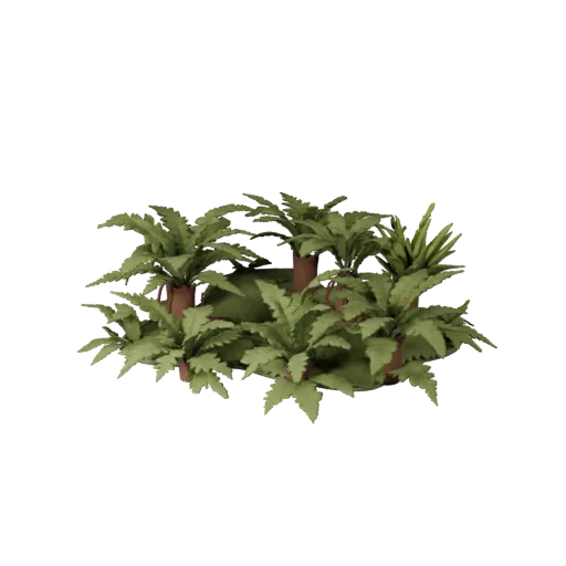 Fern Undergrowth Patch Low Poly 3D model, game viewport three-quarter view, showing leaf clusters, terrain detail.