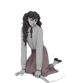 3D model of a young girl with dark pigtails, wearing a white blouse and pink skirt, sitting with a knife in her hand, in a gr