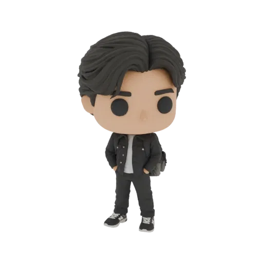 3D model of a male character in Funko Pop style, wearing a jacket, t-shirt, pants, sneakers, and a backpack.