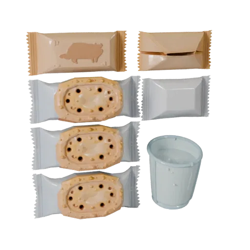 Snack Cookie Pack Low Poly 3D model, game viewport three-quarter view, showing cardboard, package massing.