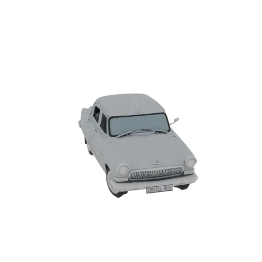A 3D model of a classic 1950s sedan, viewed from a slightly elevated front-right angle, with a light gray finish and a detail