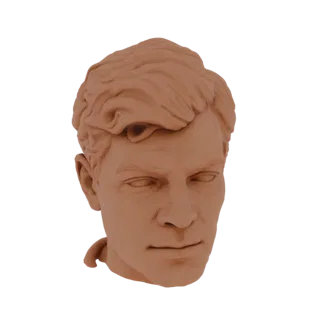 3D-Modell-Rendering einer Terrakotta-Büste eines jungen Mannes mit welligem Haar, präsentiert vor weißem Hintergrund.