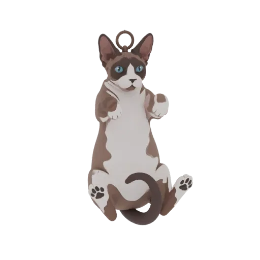 3D model render of a Siamese cat ornament with blue eyes, hanging with paws outstretched.
