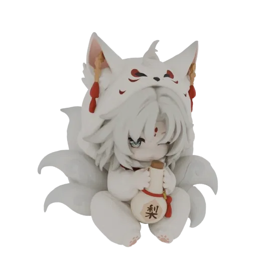 3D model of a cute chibi kitsune with white fur, fox ears, multiple tails, and red markings, holding a sake bottle.
