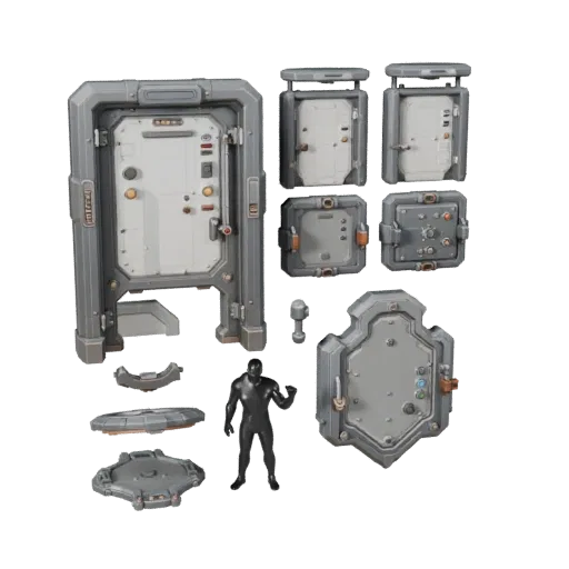 Sci Fi Locked Door Panel 3D model, three-quarter front view, Unreal Engine viewport, showing metal hinges, form detail.