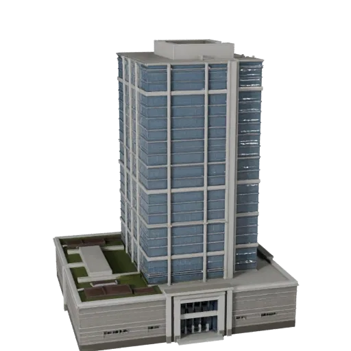 Modèle 3d haute poly de Tour de Bureau Haute, vue de rendu architectural rapprochée, montrant les matériaux du bâtiment de bu