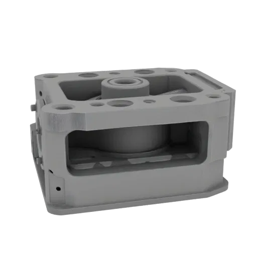 Machined Gearbox Housing Printable 3D model, isometric STL render, showing machined metal, precise part geometry.