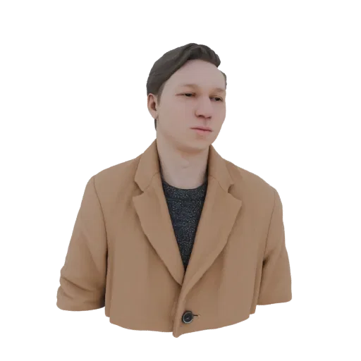 3D model render of a man wearing a camel coat, looking slightly to the side.