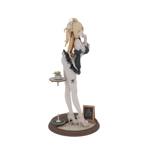 3D-Modell eines blonden Anime-Maid-Mädchens in schwarz-weißer Kleidung, das ein Tablett mit einer Pflanze hält und neben eine