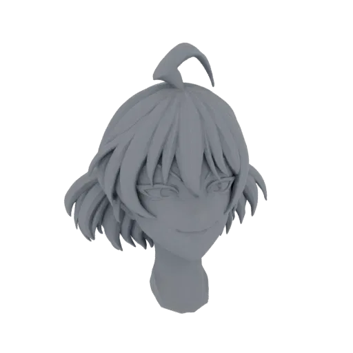 3D-Modell eines Anime-Charakterkopfes mit stacheligen grauen Haaren und einem Grinsen, von vorne betrachtet.