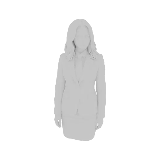 3D model of a businesswoman wearing a suit and tie, standing with a neutral expression.