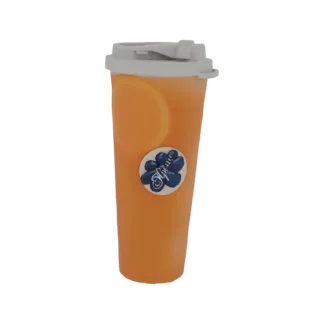 3D model of a frosted orange tumbler filled with citrus drink and a slice of orange, featuring a white lid and blue emblem.