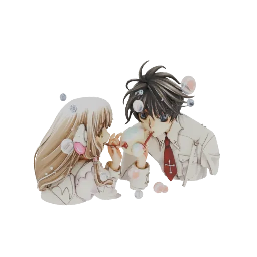 3D-Modell eines männlichen und weiblichen Anime-Charakters, die sich über Strohhalme ein Getränk teilen, mit um sie herum schwebenden Blasen.