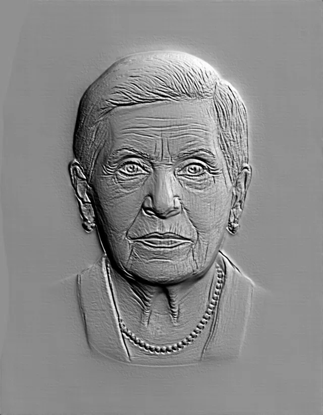 3D model of an elderly woman bas-relief with beads, front view, detailed face and jewelry
