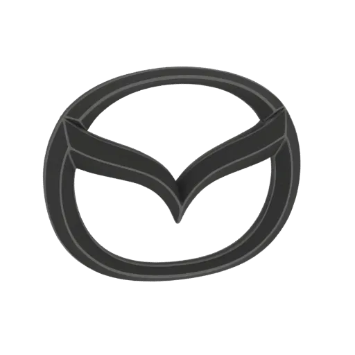 Modèle 3D du logo Mazda, représenté avec une finition métallique sombre, sur fond blanc.
