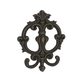3D model of an ornate scrollwork decorative applique with intricate curves and a dark bronze finish.