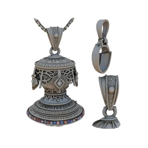 Modello 3D dettaglio render Pendente Ornato, render studio prospettico, che evidenzia forma e dettaglio finitura del pendente
