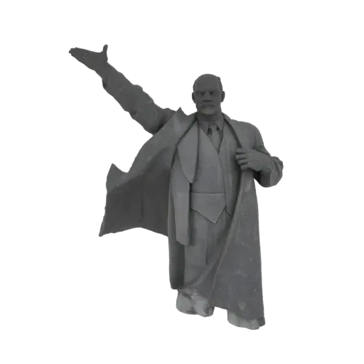 3D model of a Lenin statue with his right arm raised in a speech or gesture, wearing a coat and suit.