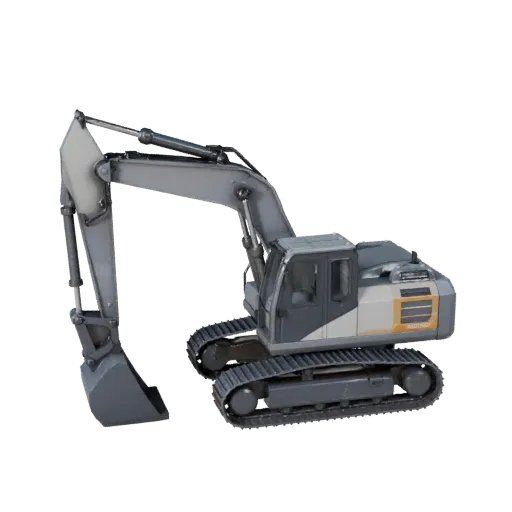 Mining Excavator Low Poly 3D model, game viewport three-quarter view, showing painted steel, form detail.