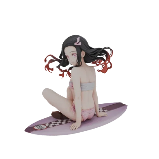 3D model of Nezuko Kamado from Demon Slayer in a pink bikini, sitting on a surfboard with a checkered pattern.