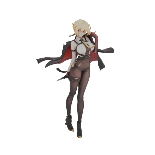 3D model of a female assassin with blonde hair, wearing tactical gear, holding two daggers, and a flowing red-lined black cap