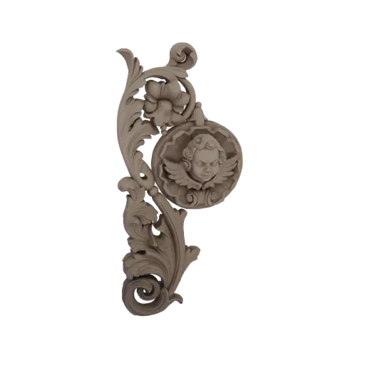 3D model of a classical cherub face with wings, surrounded by detailed floral carvings and scrollwork, presented on a white background.
