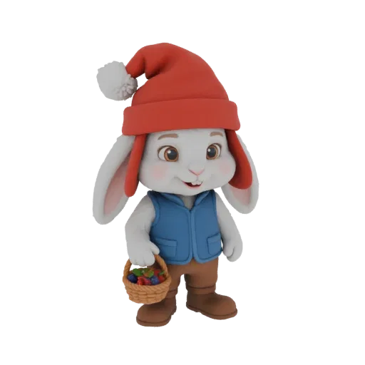 Una renderización 3D de un conejito blanco adorable con gorro de pompón rojo y chaleco azul, sosteniendo una cesta llena de b