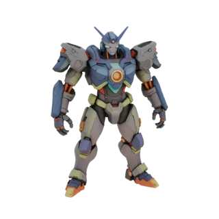 3D-Modell eines futuristischen Kriegerroboters in blau-grauer Rüstung, stehend aufrecht auf weißem Hintergrund.