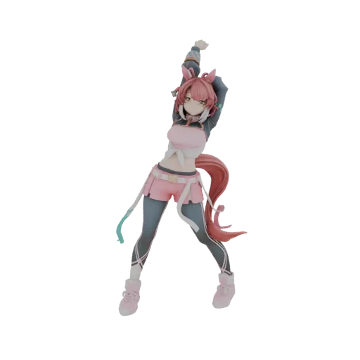 3D model of an anime girl with pink hair in an athletic outfit, striking a dynamic pose with arms raised.