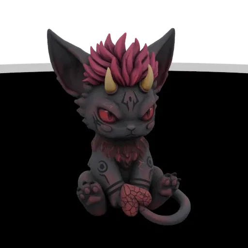 A dark, stylized Kitsune creature with red eyes and pink hair sits holding a heart, rendered as a 3D model.