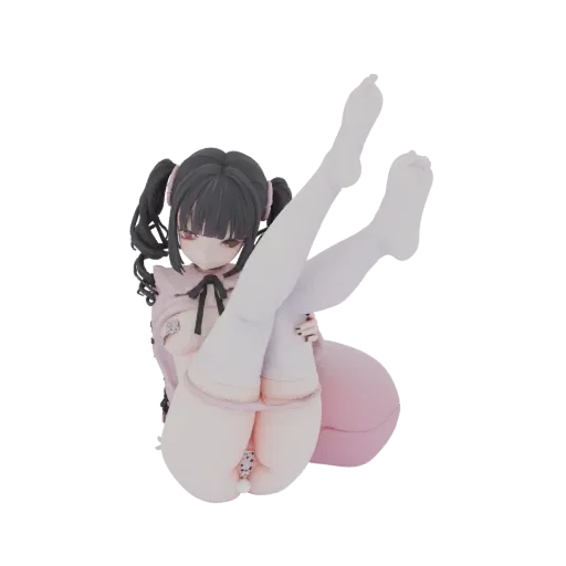 3D model of an anime girl with dark pigtails, wearing a pink outfit and white stockings, posed with legs in the air.