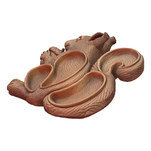 3D model of a squirrel holding an acorn, designed as a trinket dish, against a black background.
