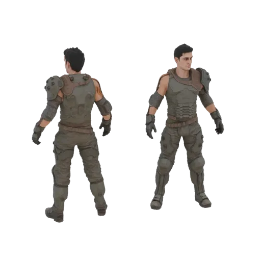 3D model of a sci-fi soldier, shown from front and back, wearing tactical armor and gear.