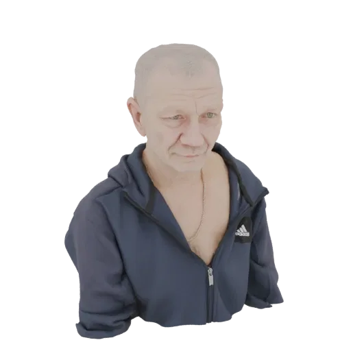 3D model bust of an elderly man with graying hair, wearing a blue zippered jacket, rendered against a white background.