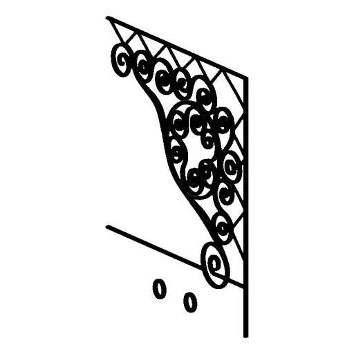 3D model of a black metal bracket with intricate scrollwork and a triangular top support, rendered against a black background