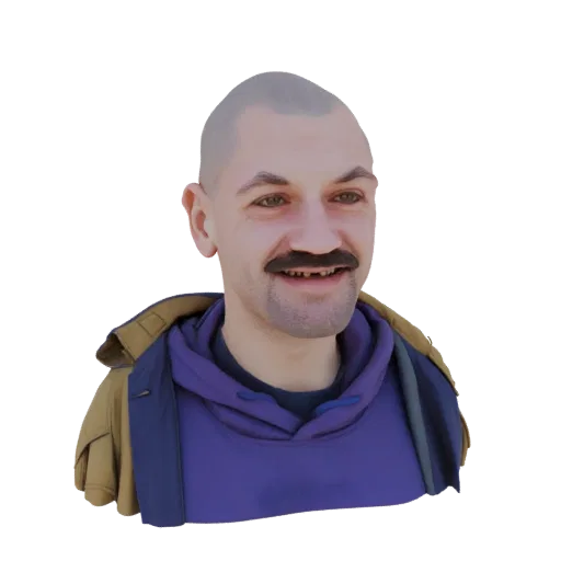 3D model of a bald man with a mustache, wearing a purple hoodie and a tan jacket, against a white background.